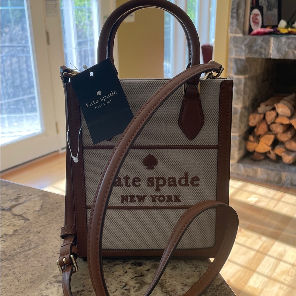 NWT kate spade Brown and Cream Canvas Mini Shoulder Tote. Perfect for summer